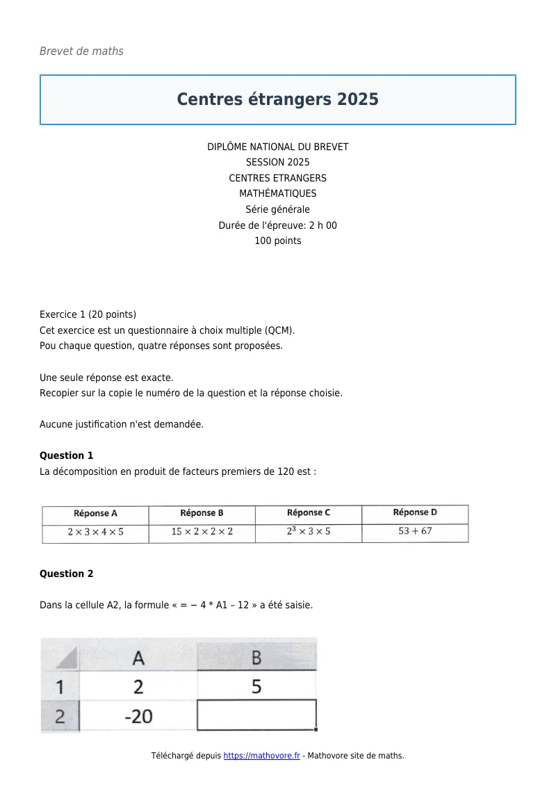 Brevet de maths : Centres étrangers 2025 corrigé en PDF