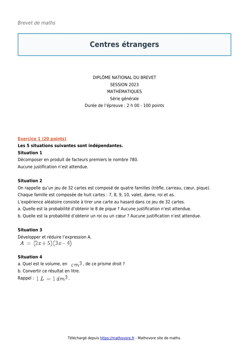 Brevet de maths : Centres étrangers corrigé en PDF
