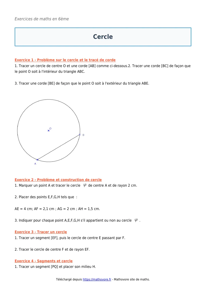 Exercices corrigés de maths en 6ème : Cercle à imprimer en PDF