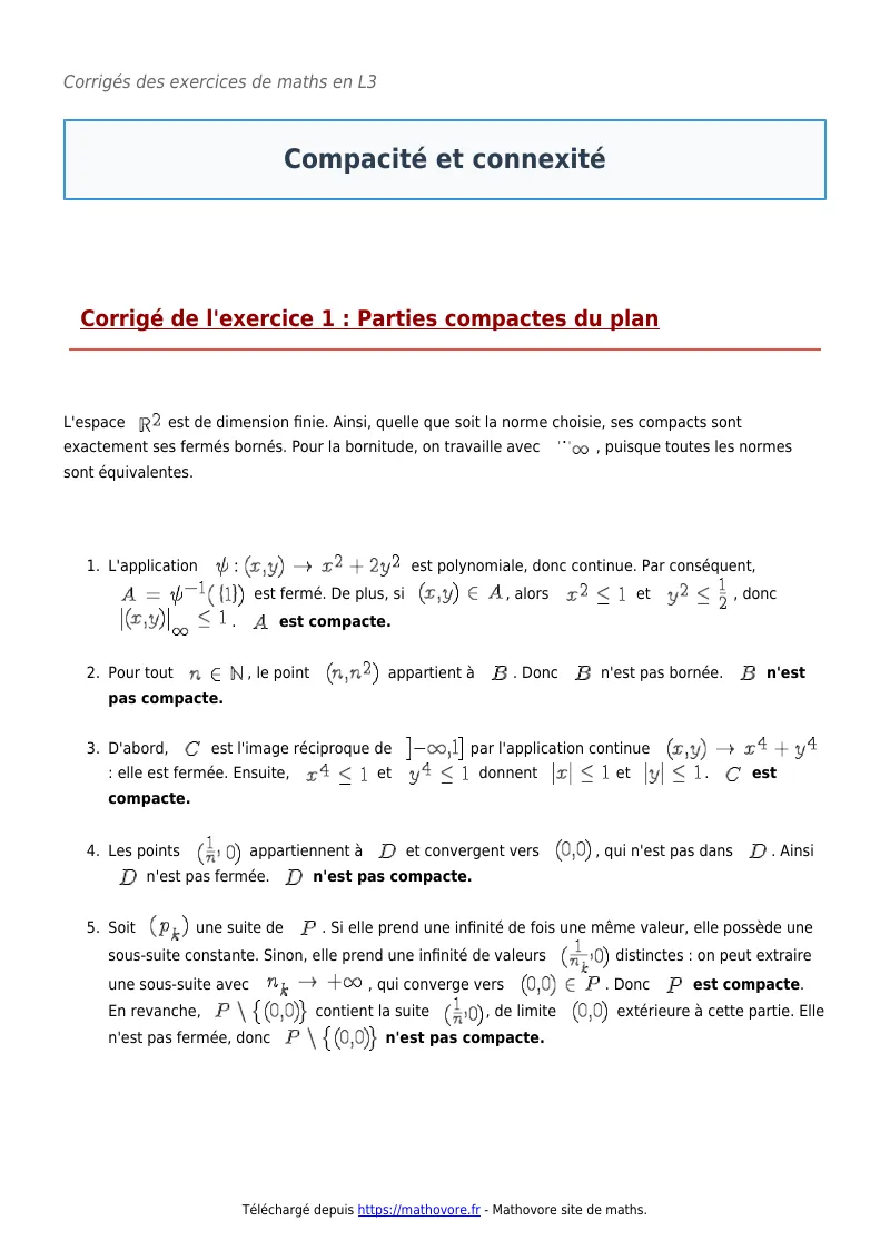 Exercices corrigés de maths en L3 : Compacité et connexité à imprimer en PDF