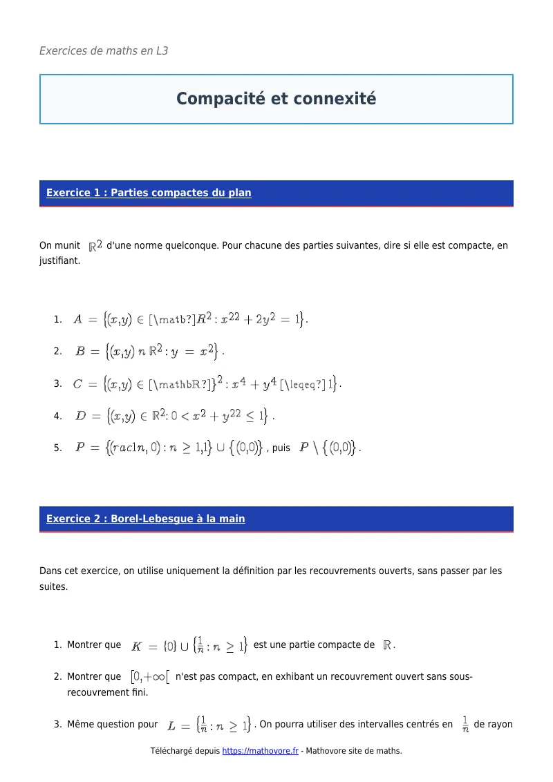 Exercices corrigés de maths en L3 : Compacité et connexité à imprimer en PDF