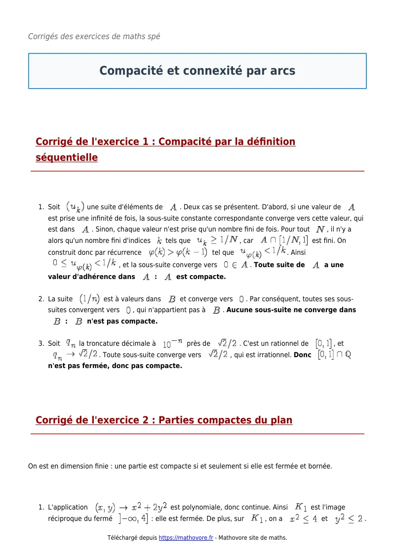 Exercices corrigés de maths en maths spé : Compacité et connexité par arcs à imprimer en PDF