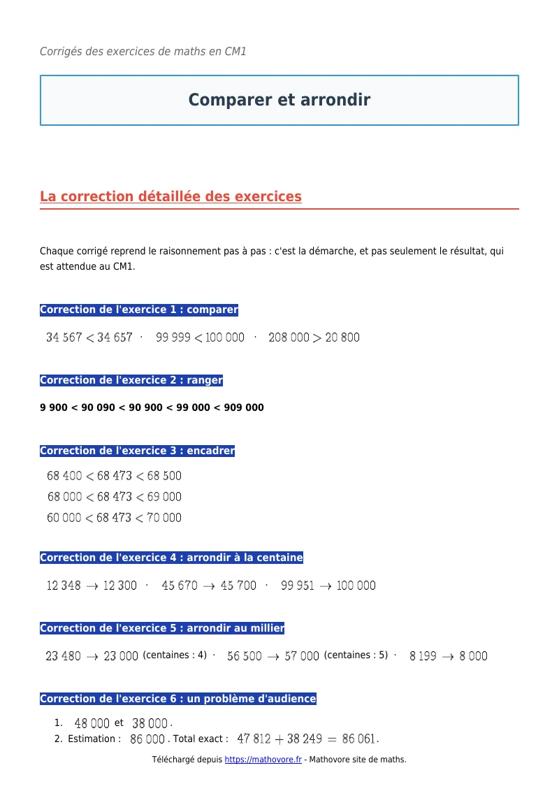 Exercices corrigés de maths en CM1 : Comparer et arrondir à imprimer en PDF