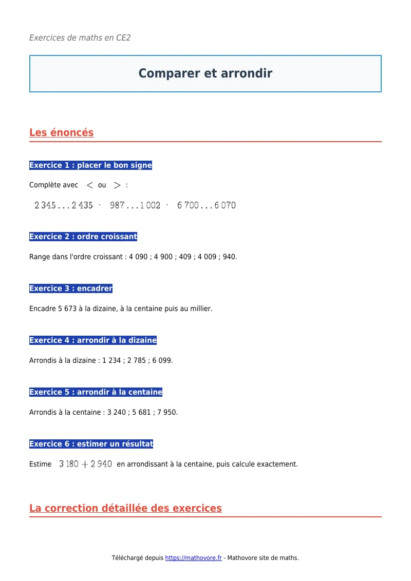 Exercices corrigés de maths en CE2 : Comparer et arrondir à imprimer en PDF