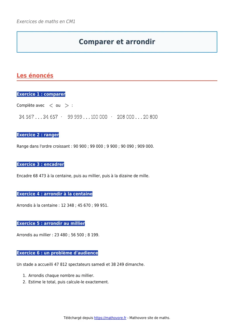 Exercices corrigés de maths en CM1 : Comparer et arrondir à imprimer en PDF