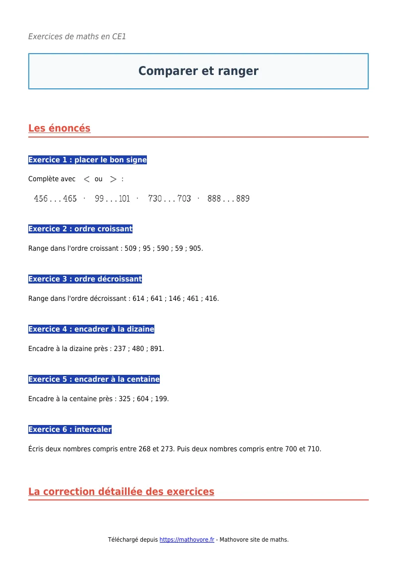 Exercices corrigés de maths en CE1 : Comparer et ranger à imprimer en PDF