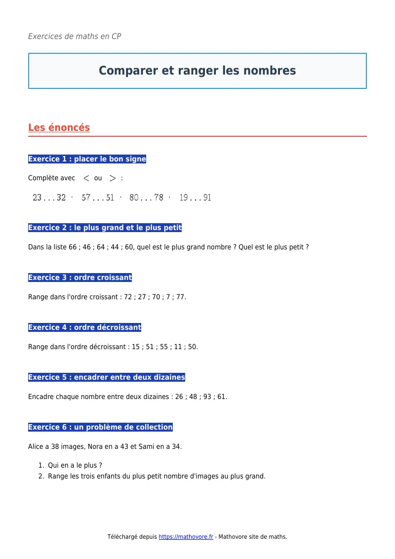Exercices corrigés de maths en CP : Comparer et ranger les nombres à imprimer en PDF
