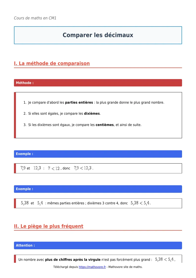 Cours de maths en CM1 : Comparer les décimaux à télécharger en PDF