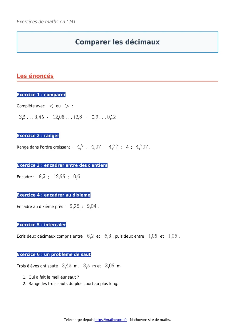 Exercices corrigés de maths en CM1 : Comparer les décimaux à imprimer en PDF