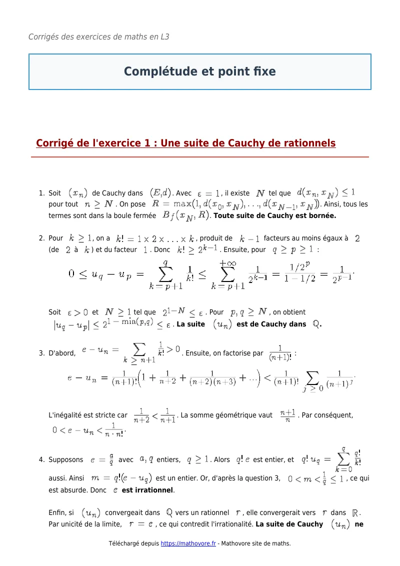 Exercices corrigés de maths en L3 : Complétude et point fixe à imprimer en PDF