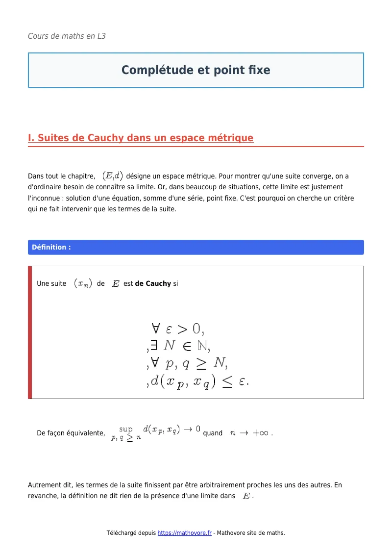 Cours de maths en L3 : Complétude et point fixe à télécharger en PDF
