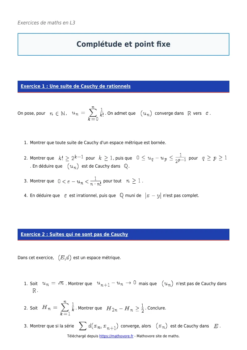 Exercices corrigés de maths en L3 : Complétude et point fixe à imprimer en PDF