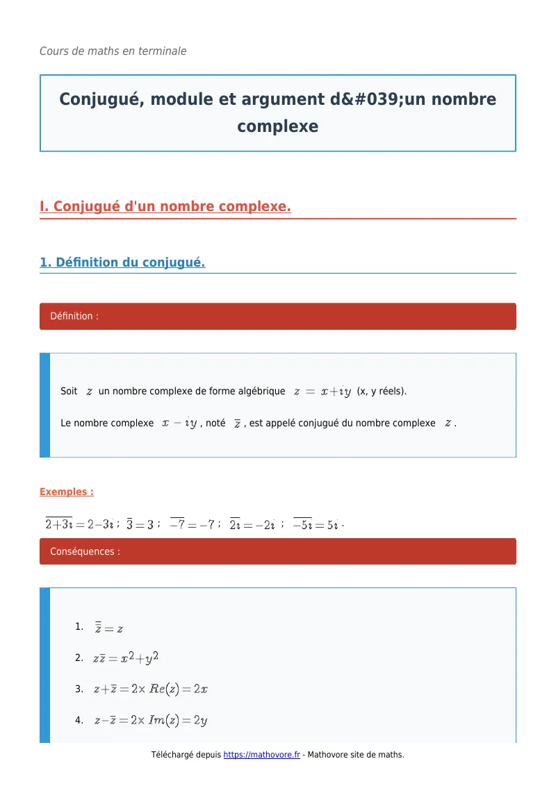 Cours de maths en terminale : Conjugué, module et argument d’un nombre complexe à télécharger en PDF
