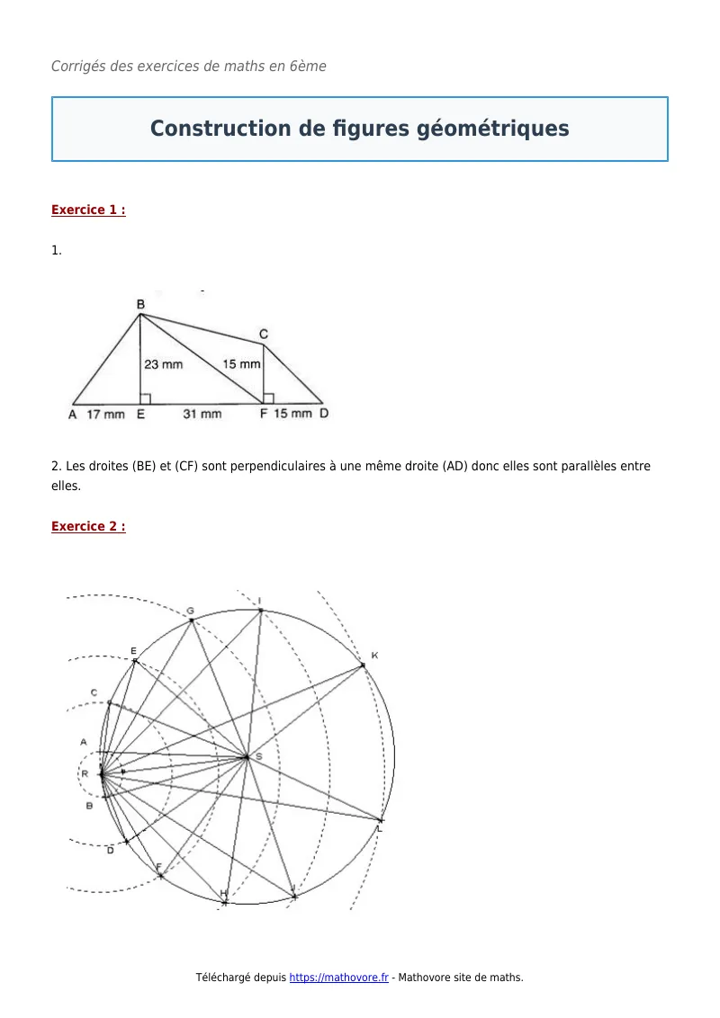 Exercices corrigés de maths en 6ème : Construction de figures géométriques à imprimer en PDF