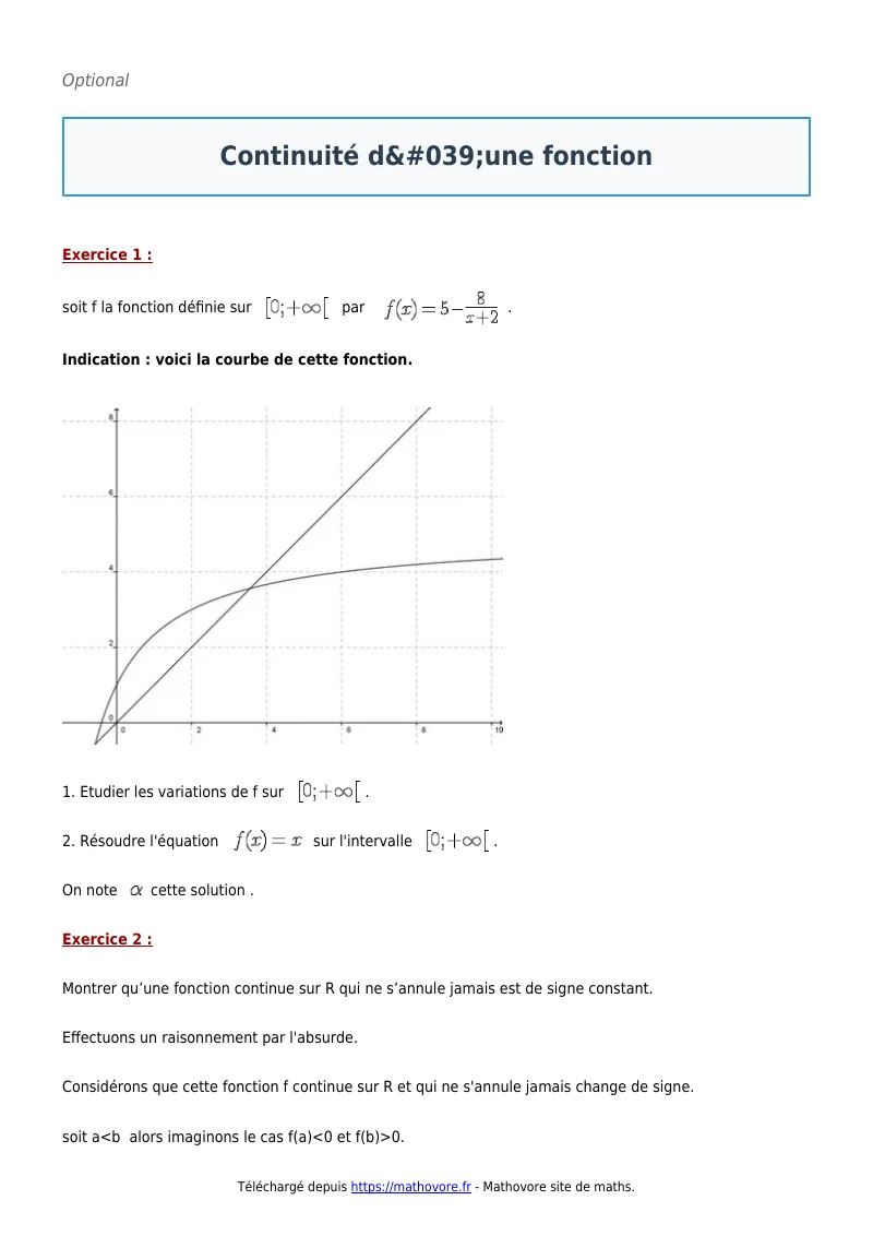 Exercices corrigés de maths en terminale : Continuité d’une fonction à imprimer en PDF