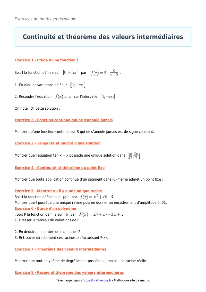 Exercices corrigés de maths en terminale : Continuité et théorème des valeurs intermédiaires à imprimer en PDF