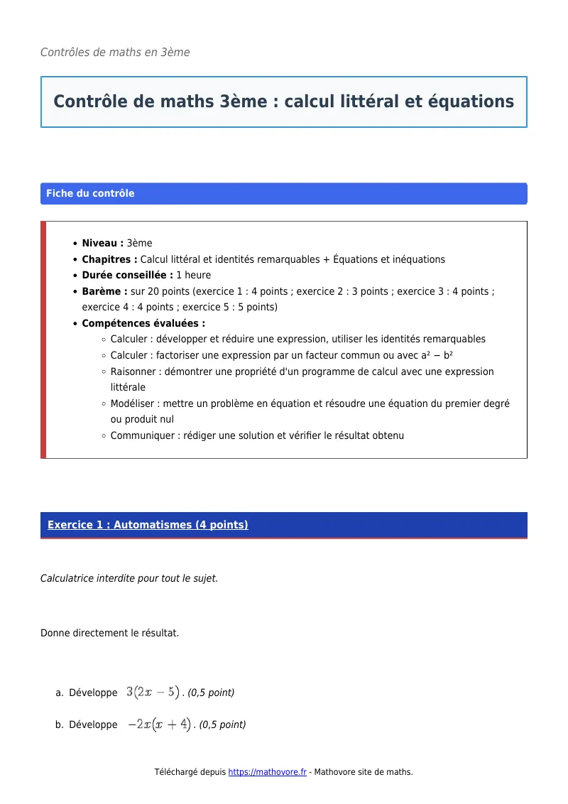 Contrôle de maths en 3ème : Calcul littéral et équations corrigé en PDF