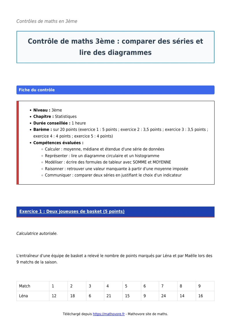 Contrôle de maths en 3ème : Comparer des séries et lire des diagrammes corrigé en PDF