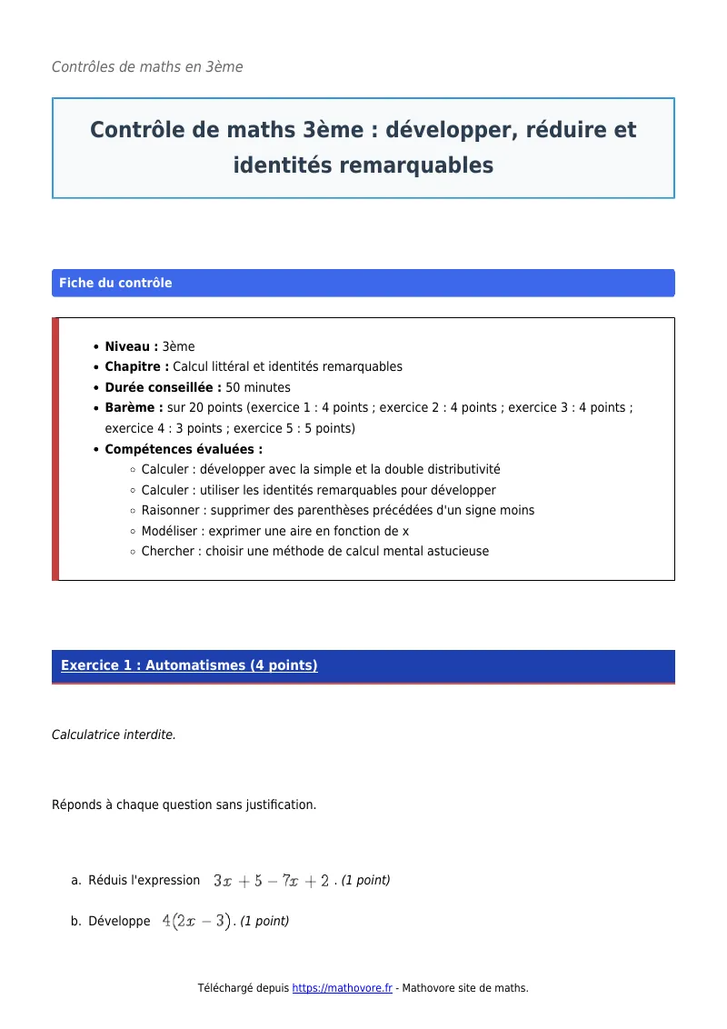Contrôle de maths en 3ème : Développer, réduire et identités remarquables corrigé en PDF