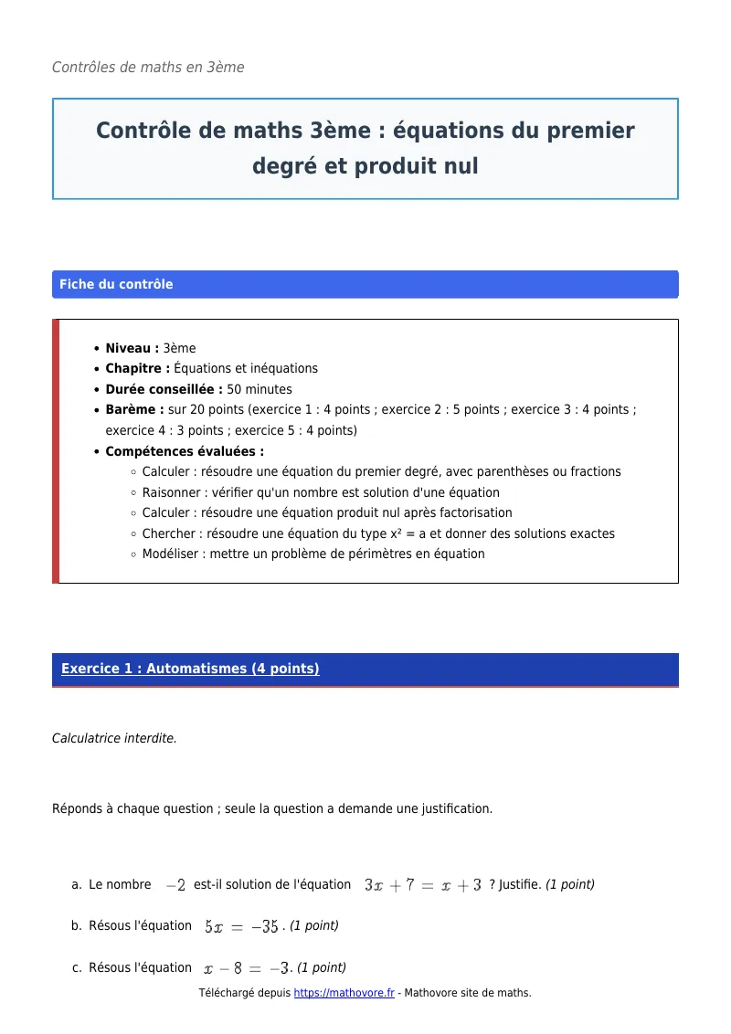 Contrôle de maths en 3ème : Équations du premier degré et produit nul corrigé en PDF