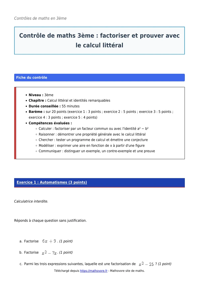 Contrôle de maths en 3ème : Factoriser et prouver avec le calcul littéral corrigé en PDF