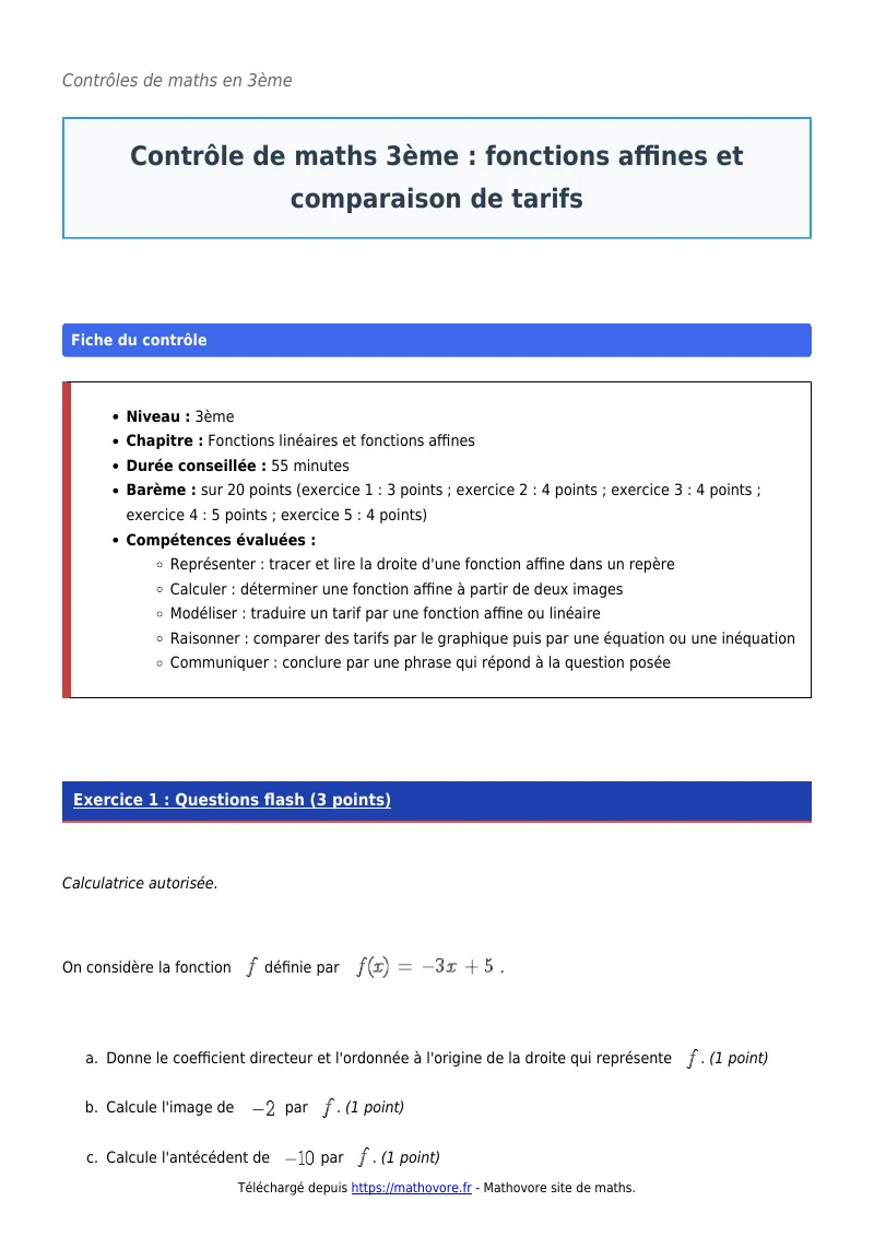 Contrôle de maths en 3ème : Fonctions affines et comparaison de tarifs corrigé en PDF