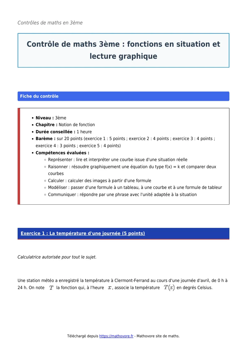 Contrôle de maths en 3ème : Fonctions en situation et lecture graphique corrigé en PDF