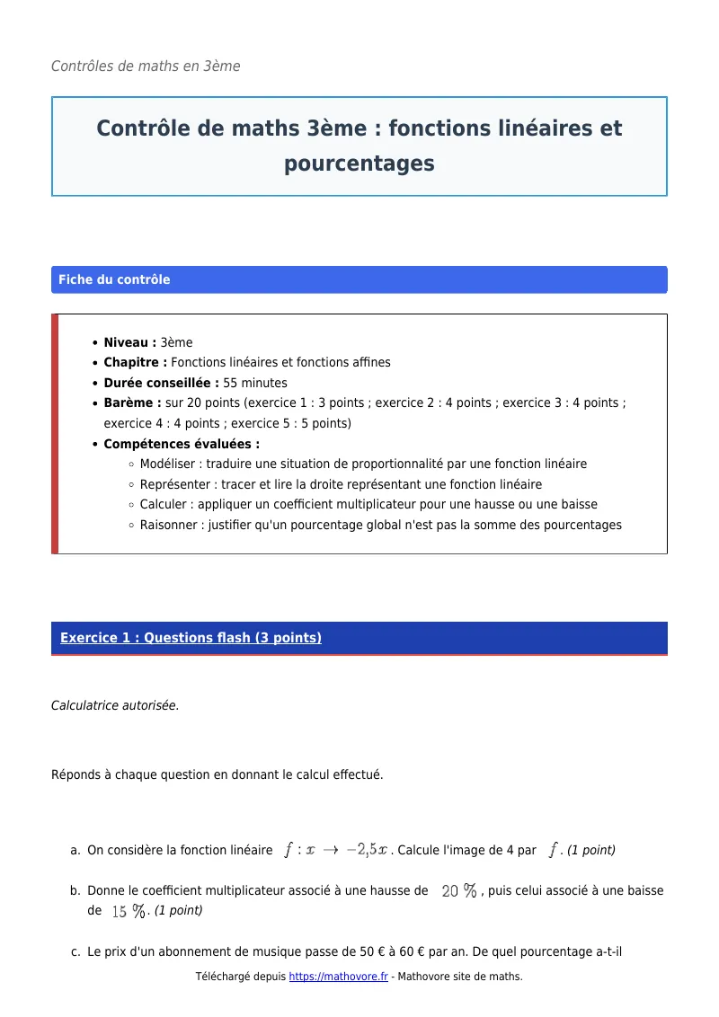 Contrôle de maths en 3ème : Fonctions linéaires et pourcentages corrigé en PDF