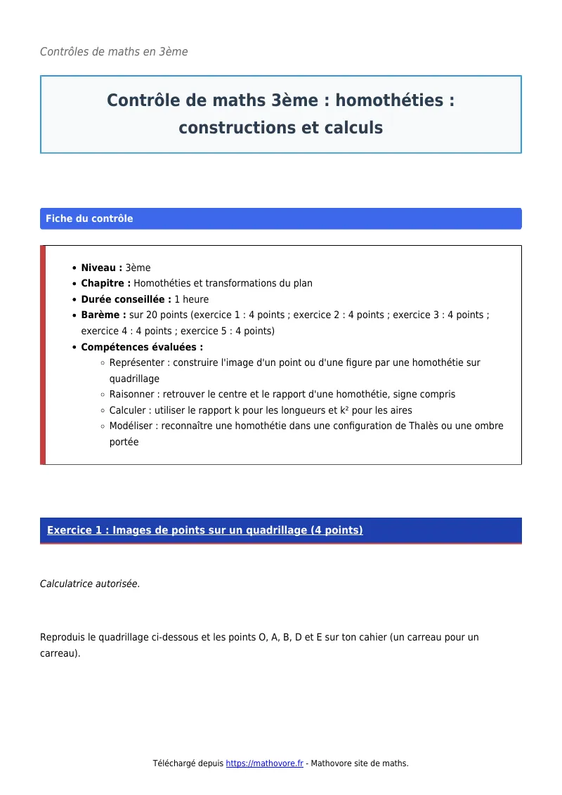 Contrôle de maths en 3ème : Homothéties : constructions et calculs corrigé en PDF