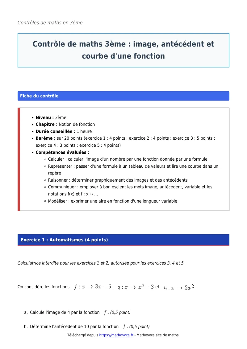 Contrôle de maths en 3ème : Image, antécédent et courbe d’une fonction corrigé en PDF