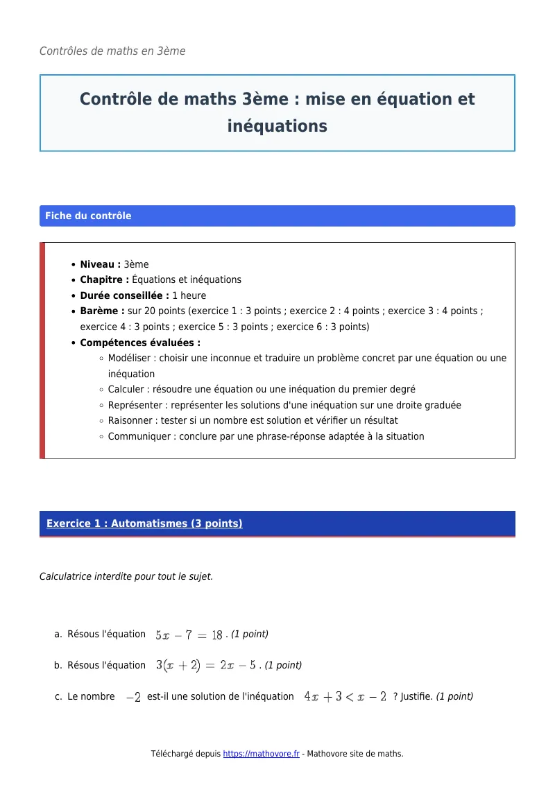 Contrôle de maths en 3ème : Mise en équation et inéquations corrigé en PDF