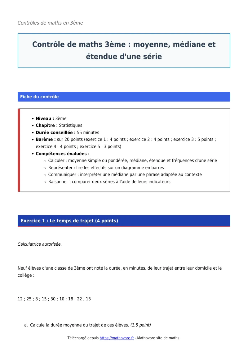 Contrôle de maths en 3ème : Moyenne, médiane et étendue d’une série corrigé en PDF