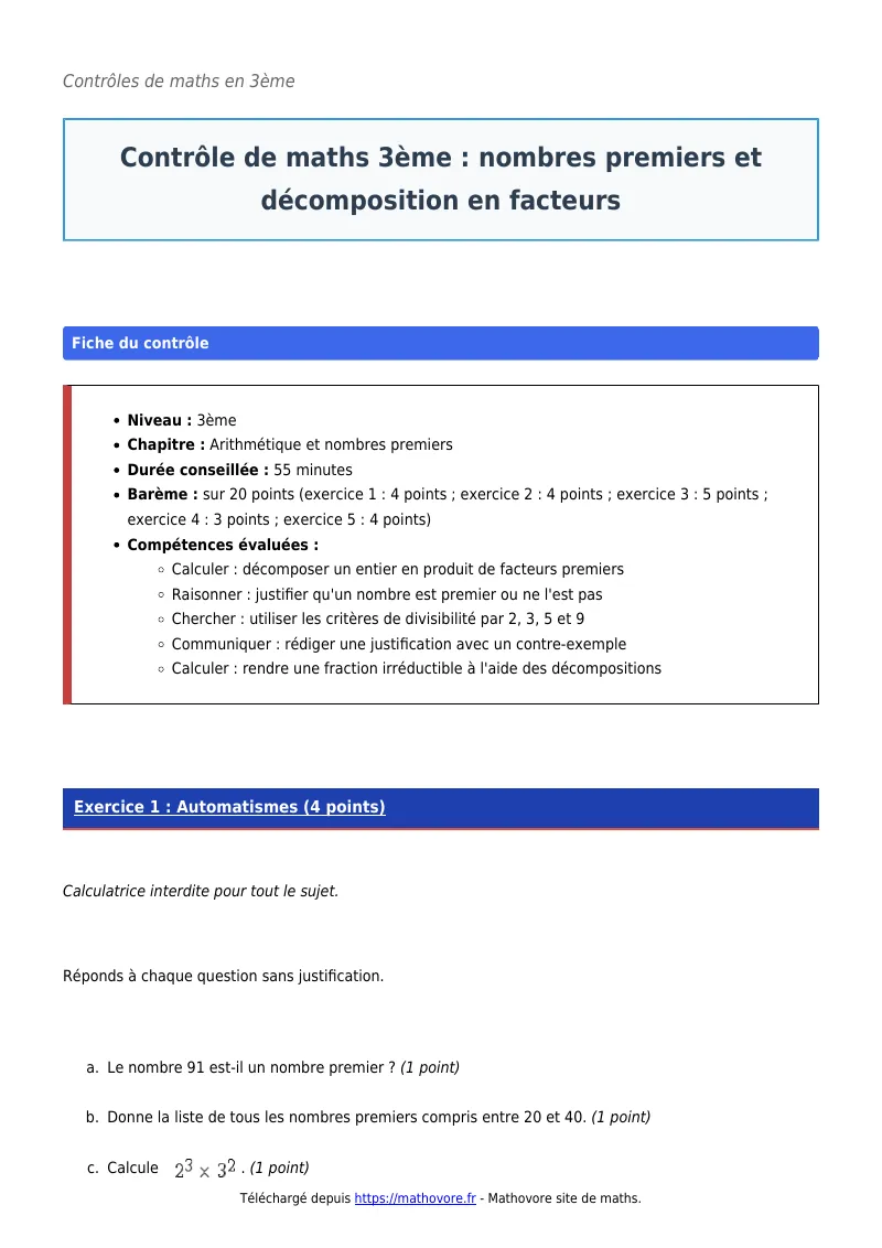 Contrôle de maths en 3ème : Nombres premiers et décomposition en facteurs corrigé en PDF
