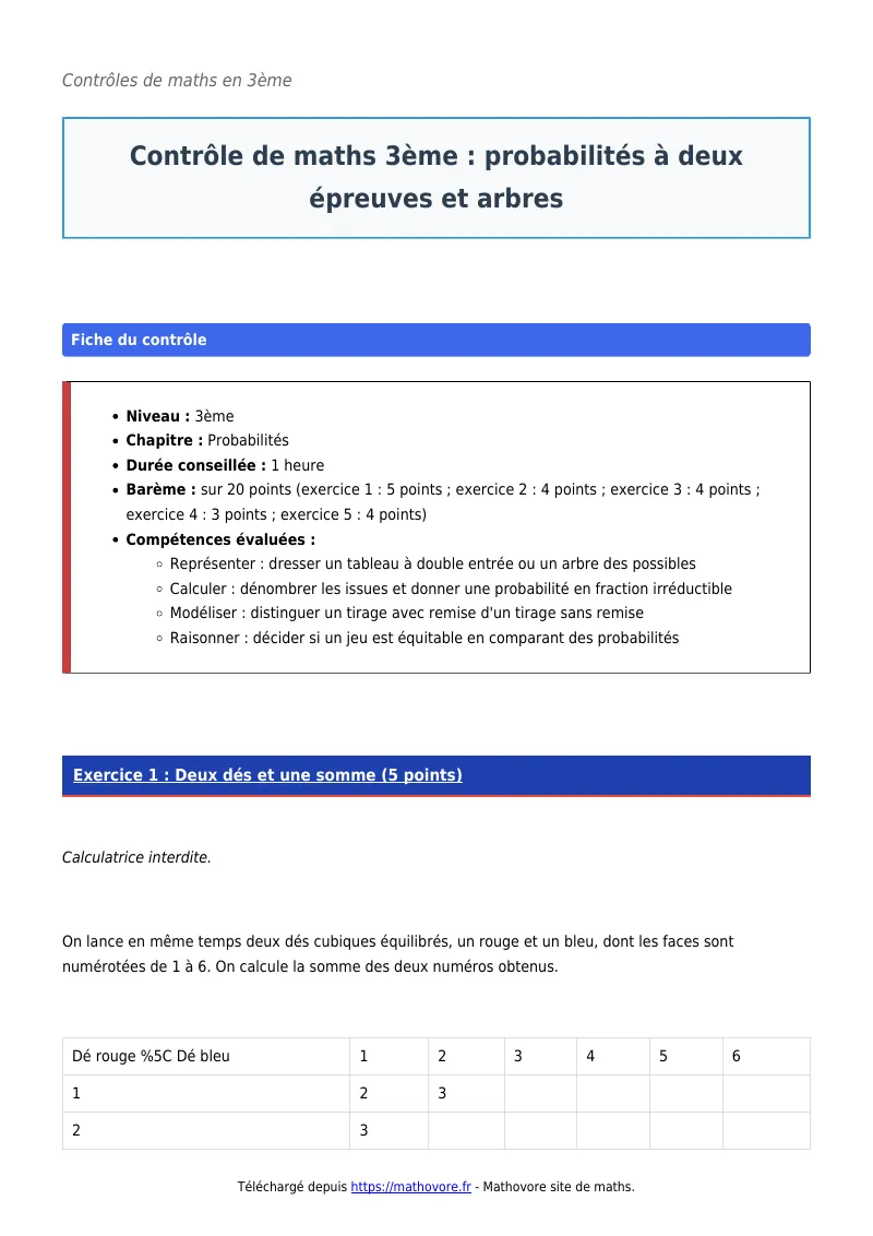 Contrôle de maths en 3ème : Probabilités à deux épreuves et arbres corrigé en PDF