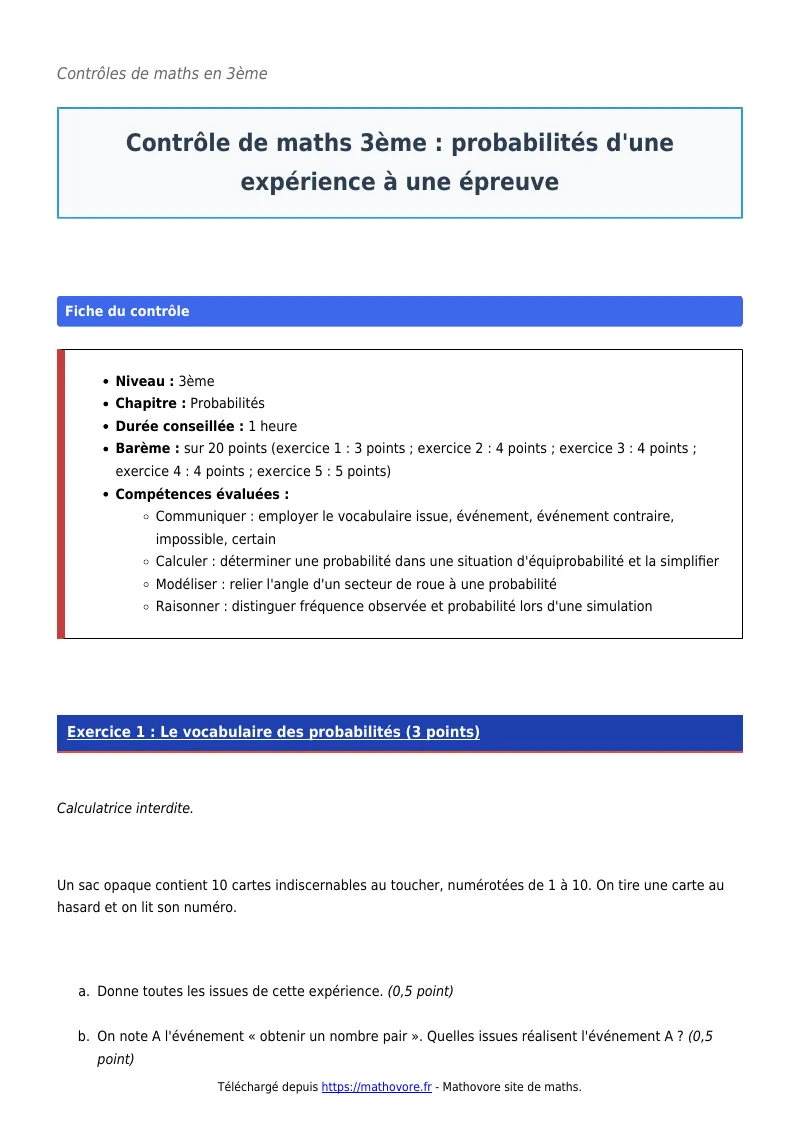 Contrôle de maths en 3ème : Probabilités d’une expérience à une épreuve corrigé en PDF