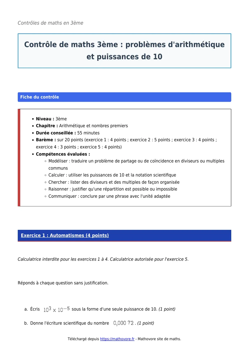 Contrôle de maths en 3ème : Problèmes d’arithmétique et puissances de 10 corrigé en PDF