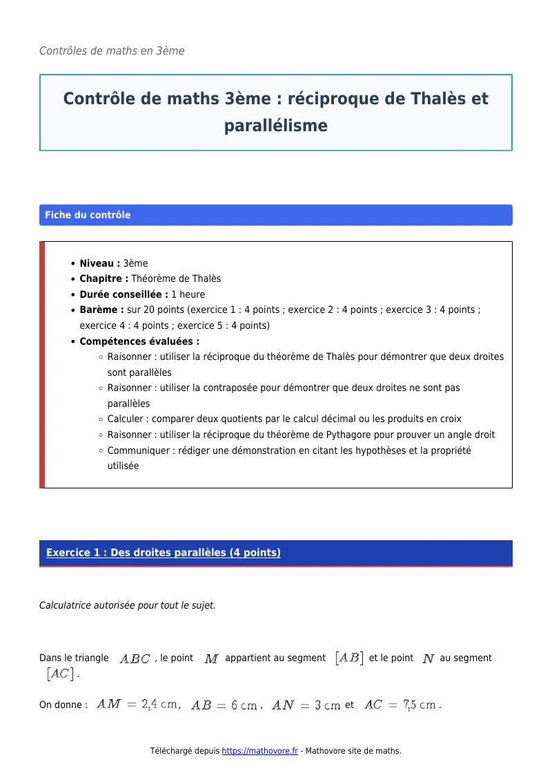 Contrôle de maths en 3ème : Réciproque de Thalès et parallélisme corrigé en PDF
