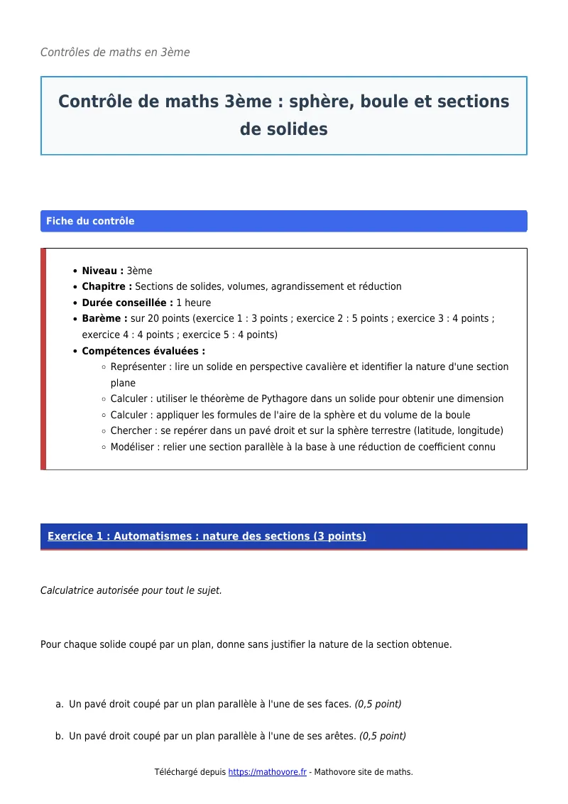 Contrôle de maths en 3ème : Sphère, boule et sections de solides corrigé en PDF
