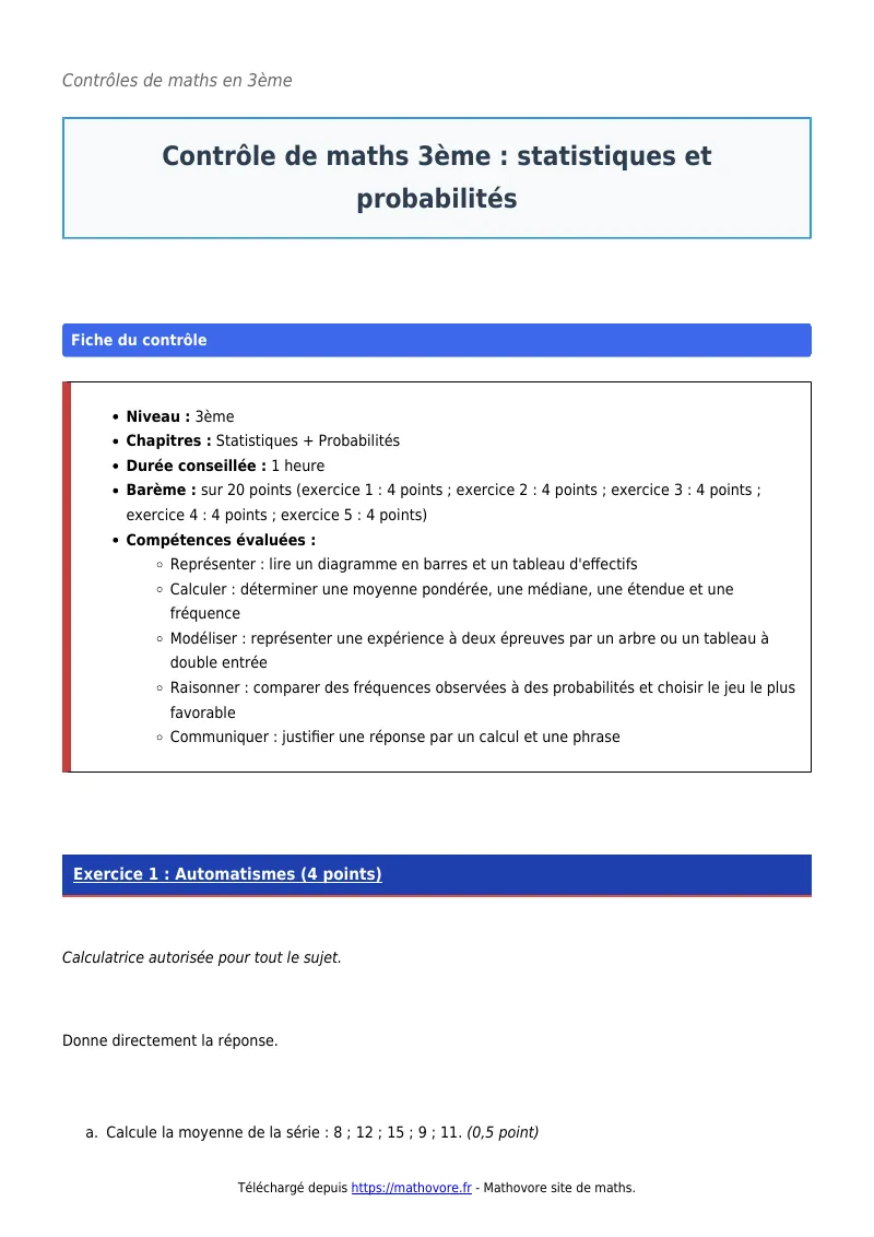 Contrôle de maths en 3ème : Statistiques et probabilités corrigé en PDF