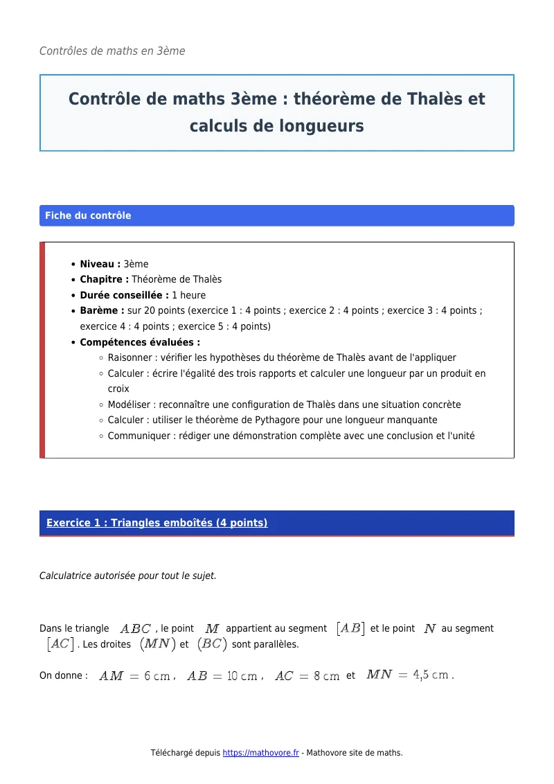 Contrôle de maths en 3ème : Théorème de Thalès et calculs de longueurs corrigé en PDF