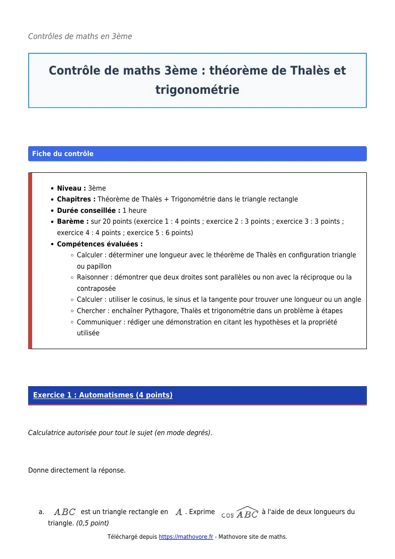 Contrôle de maths en 3ème : Théorème de Thalès et trigonométrie corrigé en PDF