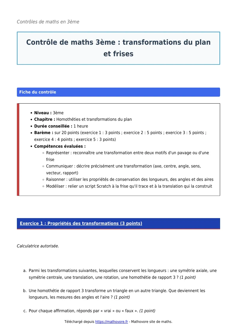 Contrôle de maths en 3ème : Transformations du plan et frises corrigé en PDF