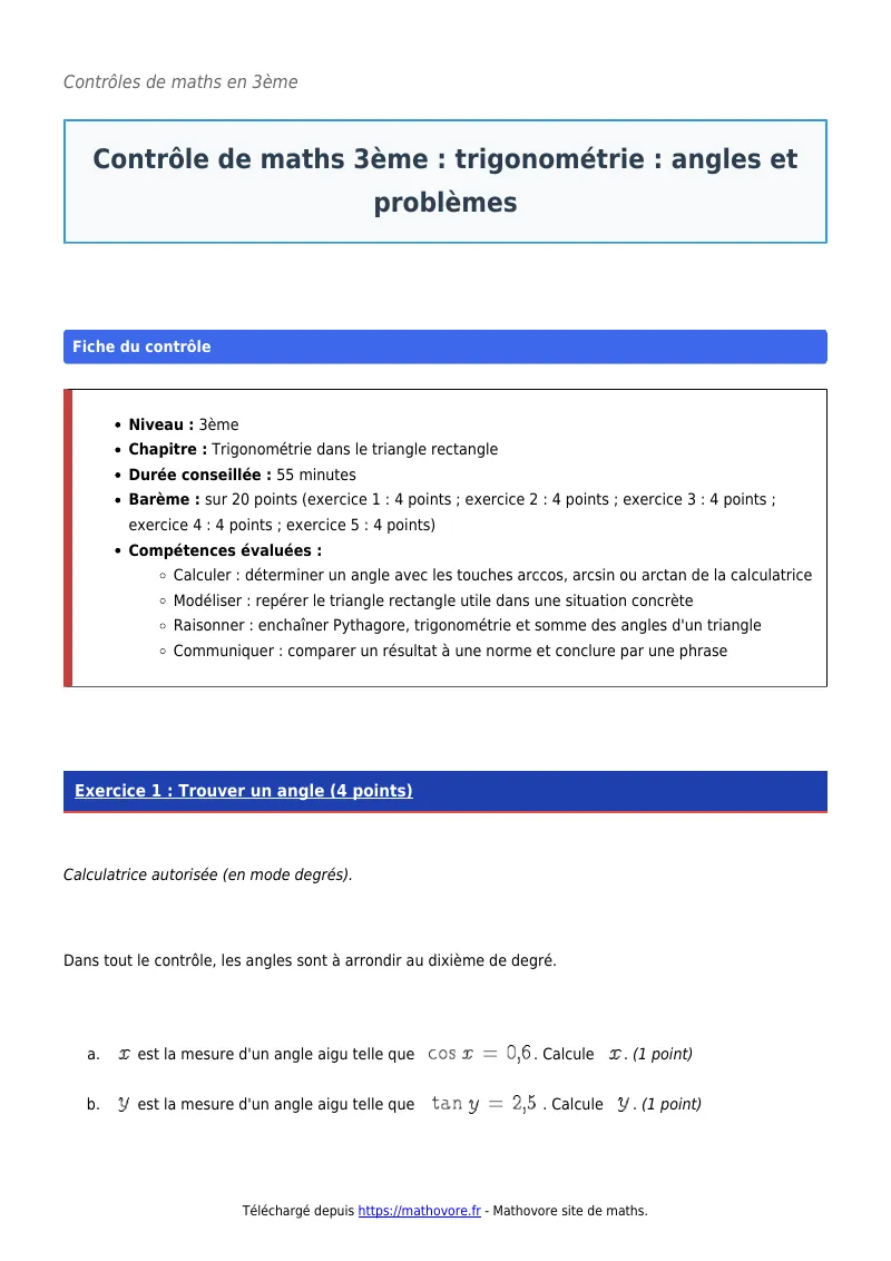 Contrôle de maths en 3ème : Trigonométrie : angles et problèmes corrigé en PDF
