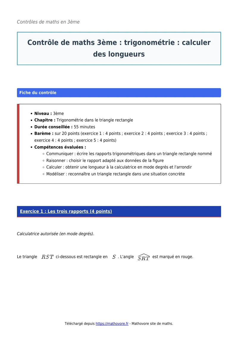 Contrôle de maths en 3ème : Trigonométrie : calculer des longueurs corrigé en PDF
