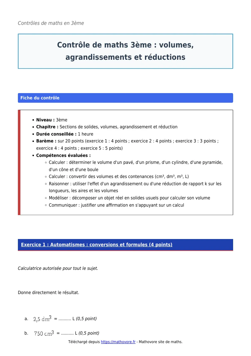 Contrôle de maths en 3ème : Volumes, agrandissements et réductions corrigé en PDF