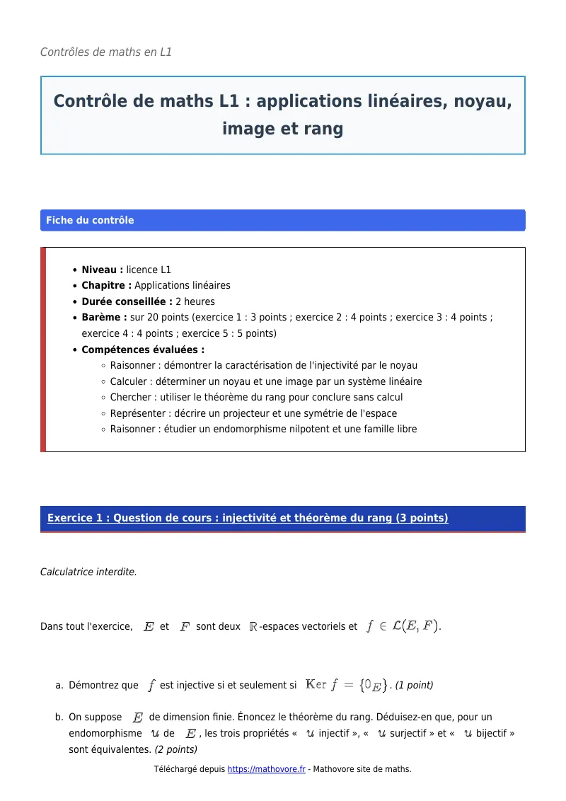 Contrôle de maths en L1 : Applications linéaires, noyau, image et rang à télécharger corrigé en PDF