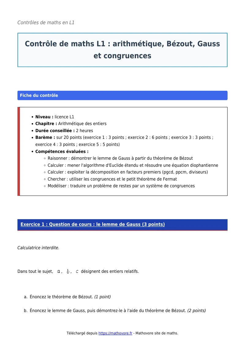 Contrôle de maths en L1 : Arithmétique, Bézout, Gauss et congruences à télécharger corrigé en PDF