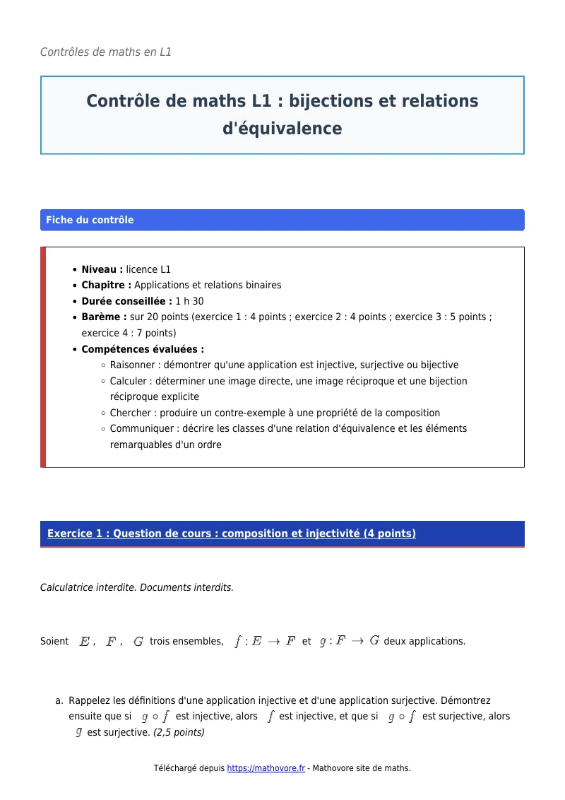 Contrôle de maths en L1 : Bijections et relations d’équivalence corrigé en PDF