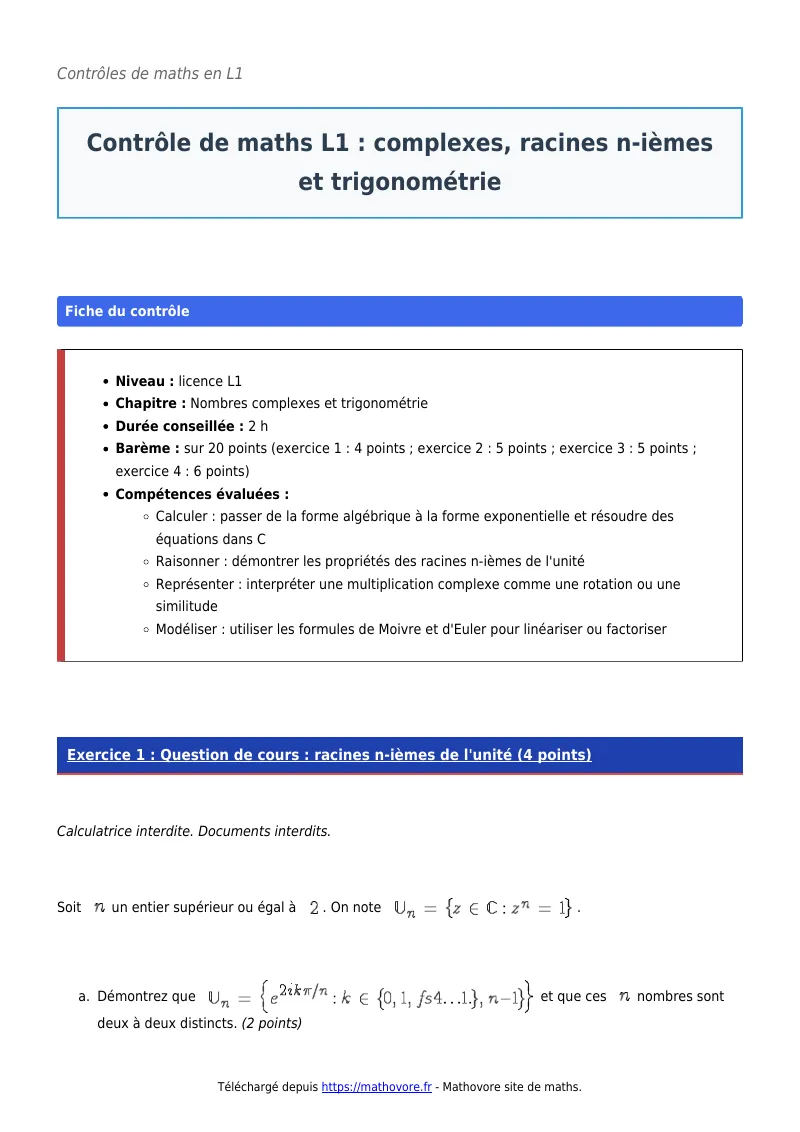 Contrôle de maths en L1 : Complexes, racines n-ièmes et trigonométrie corrigé en PDF