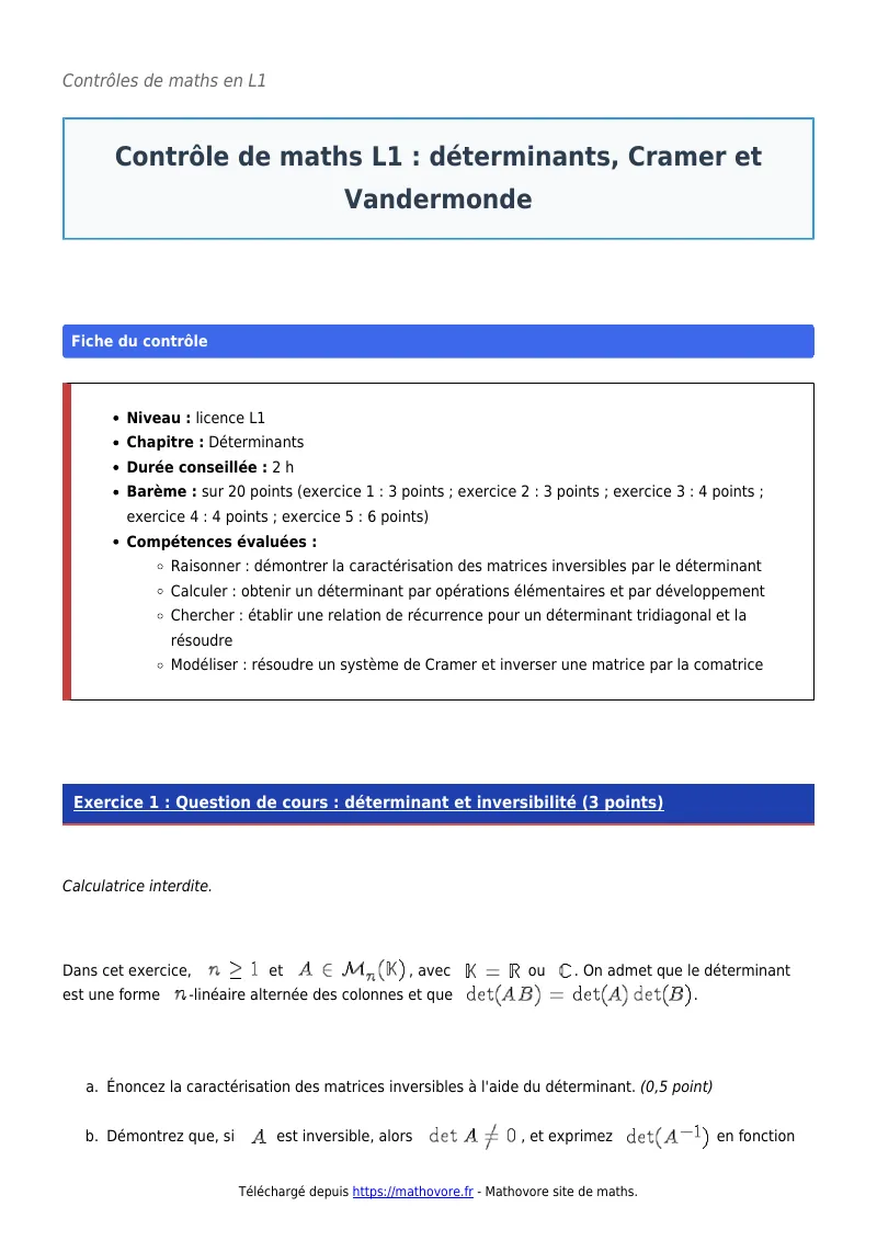 Contrôle de maths en L1 : Déterminants, Cramer et Vandermonde à télécharger corrigé en PDF